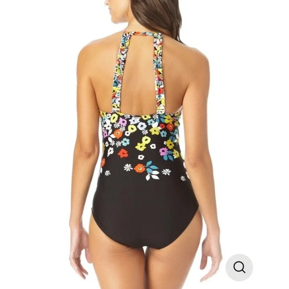 Anne Cole Floral Halter Keyhole One Piece Swimsuit Black Multi Plus Size 18W